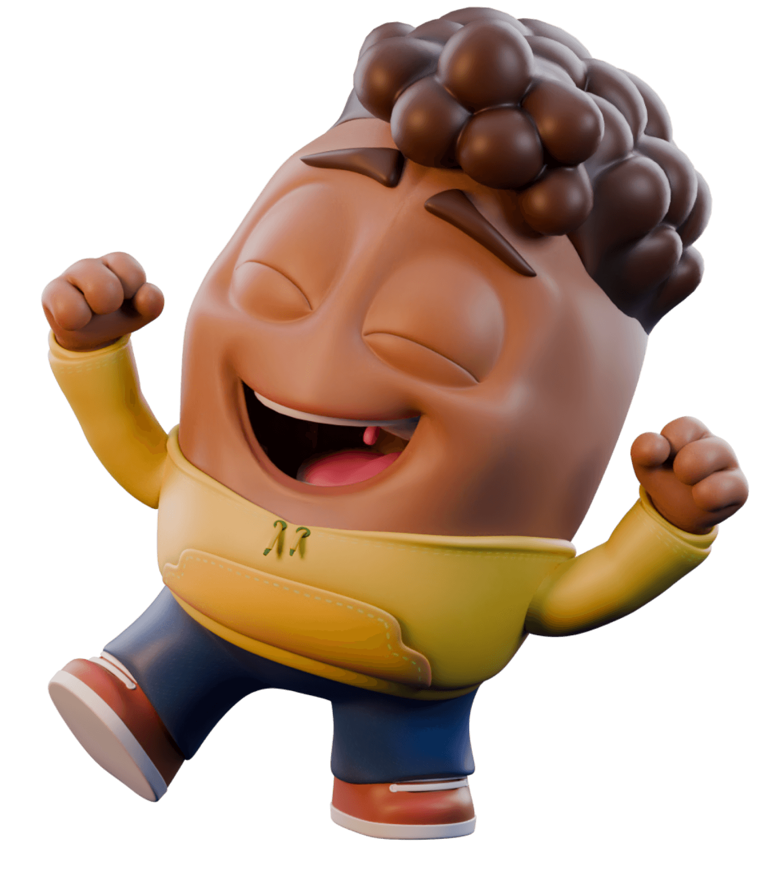 Lulu, a cartoon character from Lola Animation Studio, depicted as a joyful egg-shaped figure with a wide smile, curly brown hair, wearing a yellow hoodie and blue pants, dancing happily against a light blue background with partial red text.
